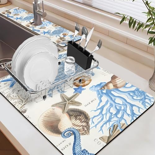 19.5" x 12" Dish Drying Mat & 24" x 5.5" Sink Splash Guard, Super Absorbent Drainer Rack Mat for Kitchen Counter Coffee Bar - color: Light Blue, size: 19.5"*12"+24"*5.5"