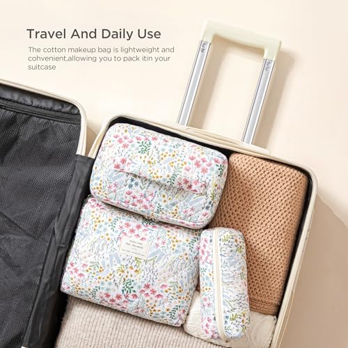 HBselect Quilted Makeup Bag, 3PCS Cotton Large Travel Makeup Bag, Cute Floral Coquette Make up Bag Cosmetic Bag Toiletry Bag for Women Girls - color: A-3PCS-Floral 41