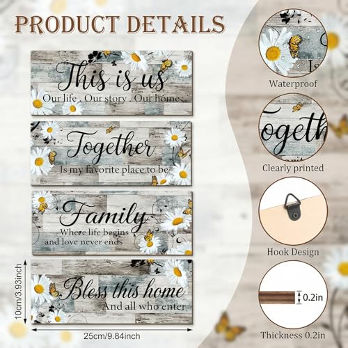 4Pcs Farmhouse Daisy Wooden Wall Art Decor for Living Room Rustic Wood Signs Set Daisy Flower Kitchen Wall Art Together Bless This Home Wooden Plaque Sign for Entryway Bedroom & Housewarming - style: Farmhouse Daisy