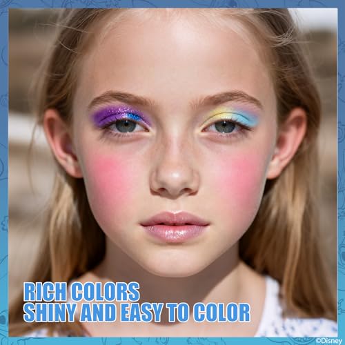 Stitch All-in-One Kids Cosmetic Compact Set Includes Washable Lip Gloss, Eye Shimmer, Cheek Shimmer, Brushes Colorful Portable Beauty Set for Girls, Tweens, by Townley Girl
