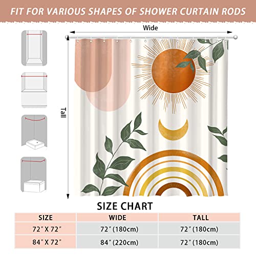 Mid Century Abstract Boho Orange Aesthetic Shower Curtain Set, Spring Summer Pink Green Nature Leaf Sun Modern Minimalist Home Bathroom Curtain Decor with 12 Hooks 72x72 Inches - color: Orange, size: 72"W x 72"L (Pack of 1)