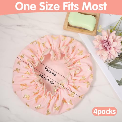 Yuanchu 4 Pcs Waterproof Shower Caps for Women, Elastic Band Bath Caps Reusable Shower Hat Double Layer Shampoo Cap for Washing Hair Bathing SPA Makeup Cooking