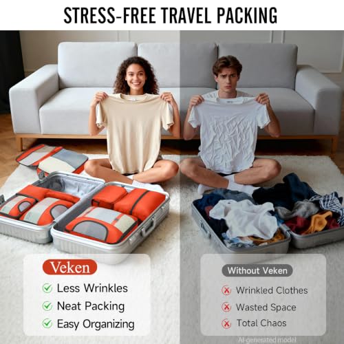 Veken 10 Set Packing Cubes for Travel Essentials,Anti-Wrinkle Buckled Suitcase Organizer for Shoe & Toiletry Bag,Carry On Luggage Bag with 99+ Count Mesh Holes for Airplane & College Dorm Accessories - color: 12 Orange