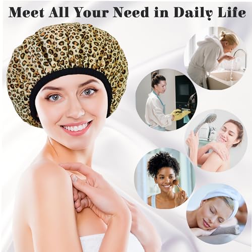 Shower Cap for Women, Shower Caps Reusable Waterproof, Large Plastic Satin Lined Shower Cap for Braids Long Hair - color: Leopard stripes