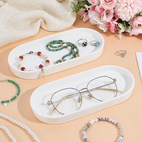 2PCS White Ceramic Round Soap Dispenser Tray, 3.5 X 8 Ceramic Vanity Tray for Bathroom Counter Decorative, Jewelry Ring Dish, Toilet Tank, Candles, Kitchen Sink Countertop Organizer Plate
