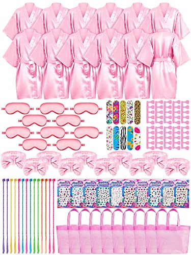 Xuhal 92 Pcs Spa Party Supplies Slumber Party Spa Pretend Play Set with Satin Robes, Headbands and Eye Masks, Sleepover Kit with Gift Bags, Total 10 Sets(Pink,14) - color: Pink, size: 14