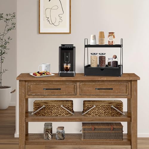 2-Tier Bathroom Organizer Countertop with Drawer, Wood Counter Organizer for Bathroom Decor, Sink Shelf for Vanity Storage, Makeup Tray for Perfume Skincare, Spice Rack Bedroom Kitchen Corner - color: Black