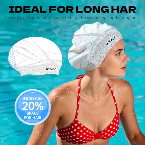 WHALE Extra Large Swim Cap Designed for Men and Women with Thick, Long Hair, Hair Extensions Or Afro-Textured Hair Long-Hair Swim Cap Highly Waterproof to Keep Hair Dry - color: Bright white