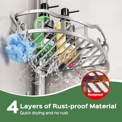 HAMITOR Shower Caddy Tension Pole: Rustproof Quick Install Corner Bathroom Organizer Shelf on Floor for Renters - 4-Tier Large Capacity Storage Rack with Soap Holder for Apartment -47-121 Inch/Silver - color: Silver Gray
