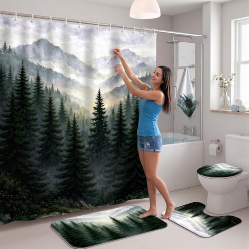FuWeave 8 Pcs Green Forest Shower Curtain Set for Bathroom Decor Include Nature Misty Mountain Woodland Shower Curtain Towels Non Slip Rugs Toilet Lid Cover Bath Mat and 12 Hooks for Bathroom Decor - color: Green Forest