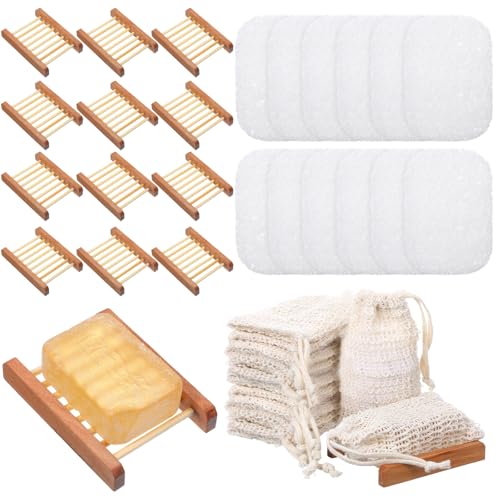 60Pcs Soap Saver Set, Soap Accessories Including Wooden Dish, Exfoliating Bag, Saver Pads Bulk with Self Drain, Bar Holder Mesh Bag for Shower Bath Home Toilet Kitchen Hotel Restaurant