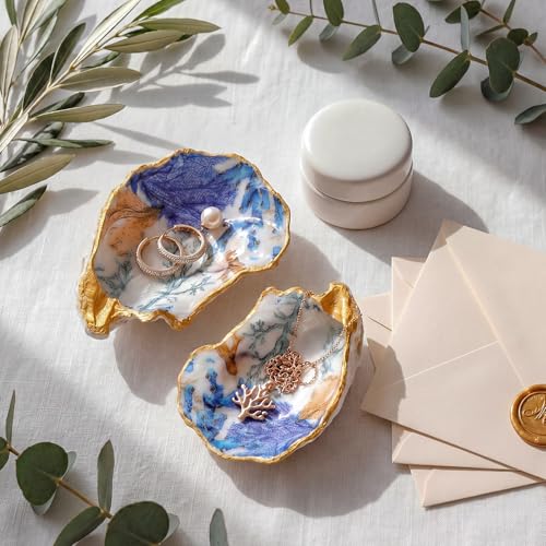 Natural Oyster Ring Trinket Dish Vintage Jewelry Tray for Keys Small Jewelry Holder for Bridal Shower Favors Friends Sisters Daughter Mother Gift Seaside Decor(Blue Safari) - style: Blue Safari