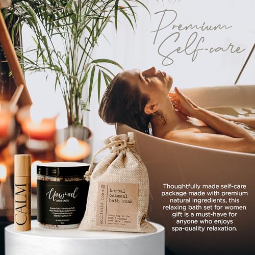 Relaxing Bath Gift Set for Women – Ready-to-Gift Spa Gift Set with Calm Essential Oil Roller, Epsom Bath Salts & Organic Lavender Oatmeal Bath Soak by Soulistic Root