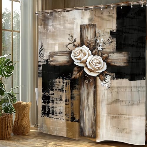 Miyotaa Abstract Minimalist Modern Cross Shower Curtain Set 60Wx71H Inches Religious Black Tan Neutral Contemporary Brushstroke Vintage Art Waterproof Bathroom Curtain with 12 Hooks - color: Black Tan Cross, size: 60"W x 71"L (Pack of 1)