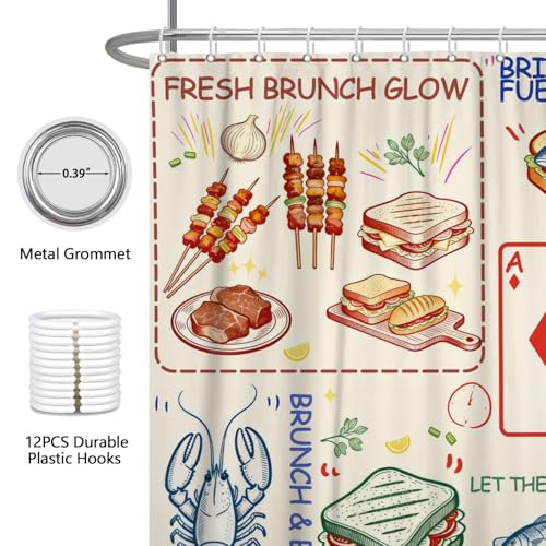 Fabric Shower Curtain with Hooks, Waterproof & Washable & Polyester, Funny Doodle Brunch Card Fish Grilled Meat Shower Curtains for Bathroom, Unique Art Deco Bathroom Curtain, House Gift, 71x74 Inch - color: Brunch Graffiti