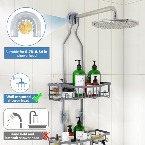Upgraded Extended Length Shower Caddy Over Showerhead No Blocking to Showerhead, Rustproof Bathroom Organizers and Storage with Hooks Shampoo Soap Holder, Large Hanging Caddy, Grey - color: Grey - 2 Tier - Standard