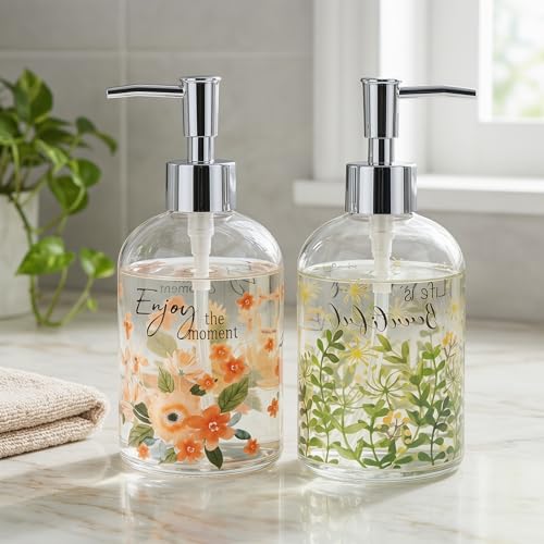 Topadorn Glass Soap Dispenser Set of 2, 17oz Refillable Hand & Dish Soap Pump Bottles, Floral & Botanical Bathroom Accessories, Decorative Kitchen Soap Dispenser Set, Cottagecore Farmhouse Decor - color: Pink and Green