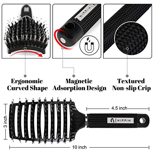 Boar Bristle Hair Brush Set of 2, HIPPIH Wet & Dry Hair Brushes Made by Fine Natural Boar Hair Can Adds Shine and Smoothing, Detangling Hairbrush for Women, Men & Kids' Long Curly Thick Hair - color: Black & Gold
