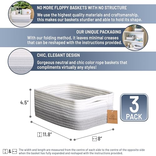 NaturalCozy 11.8"x8"x4.5” Rectangle Storage Baskets for Shelves 3 Pack | Cotton Rope Woven Small Baskets for Organizing | Small Storage Bins for Nursery, Bathroom, Closet, Shelf, Decorative, Gift - color: 3-Tone Gray, size: 11.8" x 8" x 4.5"