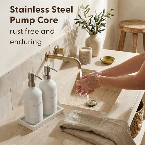 MaisoNovo Soap and Lotion Dispenser Set - Bathroom Soap Dispenser Set with White Soap Dispenser, Silver Pumps & Ceramic Tray - color: White Bottles/ Silver Pumps/ White Ceramic Tray
