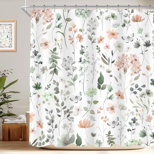Sage Green Floral Shower Curtain for Bathroom, Spring Flower Wildflower Cute Botanical Nautre Shower Curtain Set with Metal Hooks,Women Girly Leaf Bath Bathroom Accessories Decor 72Wx72H - color: A-green, size: 72"W x 72"L (Pack of 1)