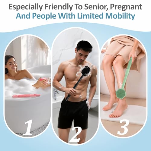 Silicone Back/Face Scrubber & Bath Glove Set 3PCS, Extendable Back Scrubber with Dual-Side Large Head, 360° Anti-Slip Bath Glove, Unique Side-bristle Face Scrubber for All-round Cleaning(Black) - color: Black*3
