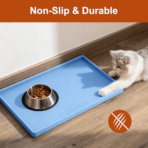 ukeetap Extra Thick Silicone Mat Waterproof with Raised Edge 19” x 12”, BPA Free Non-Slip Dog & Cat Food Mat, Feeding Mat for Food and Water Bowls, Spill Proof Mat to Protect Floors, Blue - color: Blue, size: 19"L x 12"W