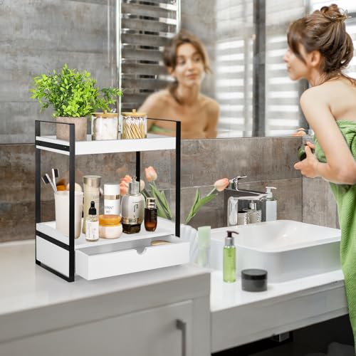 2-Tier Wooden Counter Shelf with Drawer, Vanity Tray for Organization and Decor, Countertop Organizer for Bathroom and Kitchen - color: White