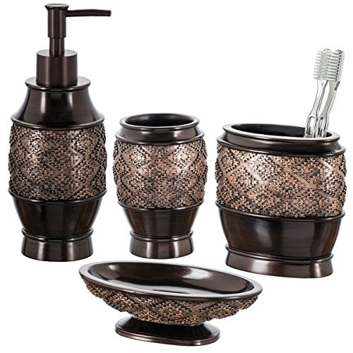 Creative Scents Dublin Brown Bathroom Accessories Set Complete - 4 Pc. Bathroom Sets Accessories, Luxury Bathroom Accessory Set - Soap Dispenser, Soap Dish, Tumbler & Toothbrush Holder Set - style: 4 Piece Set
