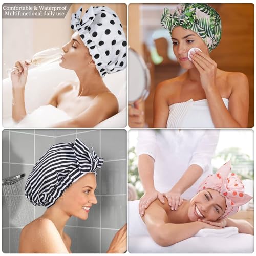 Luvruitaky Shower Cap Luxury Shower Caps for Women Reusable Waterproof Hair Cap for Shower with Adjustable Bowknot Hair Bath Cap (Black Stripe) - color: Black Stripe