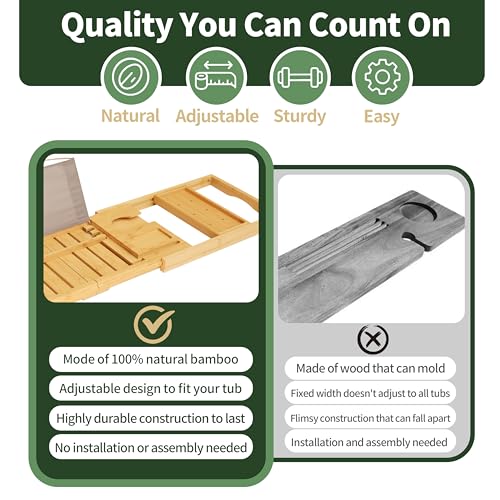 Premium Bamboo Luxury Foldable Bathtub Tray - Natural Bamboo Bath Tray for Tub, Bamboo Bathtub Shelf, Expandable Bath Table Trays, Bathtub & Bathroom Accessories for New Home & Great Gifts