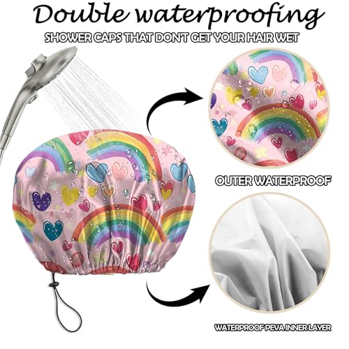 2 PCS Shower Cap Reusable Waterproof Adjustable Double Layer Elastic Dry Hair Bathing Caps Aesthetic Cute for Women Girls-Butterfly Rainbow - color: H-10-Butterfly Rainbow