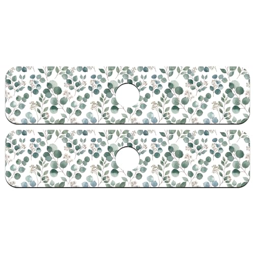 2 Pcs Kitchen Sink Splash Guard Faucet Mat Green Leaves Pattern Faucet Mat for Sinks Eucalyptus Leaves Absorbing Drying Mats for Kitchen Bathroom, 23.6x5.5inch - color: Green Leaves Pattern