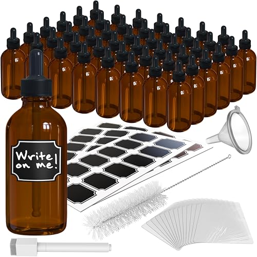 Nevlers 4 Oz Amber Glass Dropper Bottle 48 Pack Set | Glass Tincture Bottles with Dropper , Funnel, Brush, Marker, Labels & Shrink Wrap | Amber Bottles & Eye Droppers for Liquids - color: Amber
