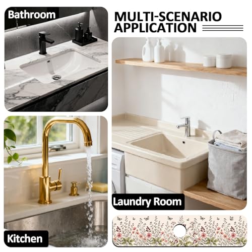 2 Pcs Kitchen Sink Splash Guard Faucet Mat Retro Wildflower Bush and Butterflies Pattern Faucet Mat for Sinks Flower Absorbing Drying Mats for Kitchen Bathroom - color: Wildflower Bush