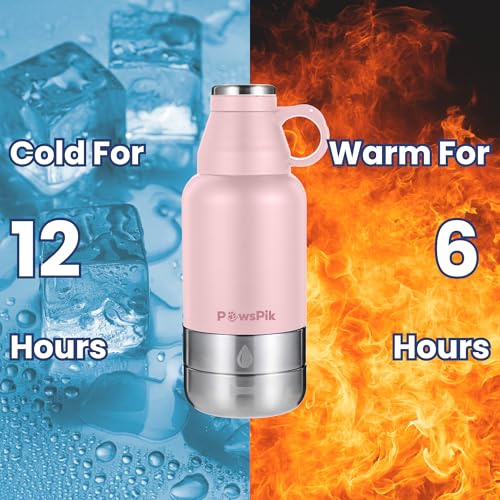 PawsPik 3-in-1 Travel Dog Water Bottle & Bowl Set, 32oz, Pink | Stainless Steel Vacuum-Insulated Bottle with Detachable Food & Water Bowls, Leak-Proof, Keeps Water Cold 12hrs/Hot 6hrs - color: Cherry Blossom Pink