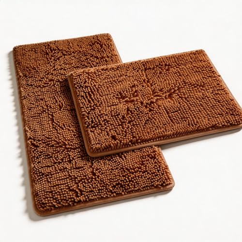 Champagne Chenille Bath Rug Set - 2 Piece Non-Slip Absorbent Shaggy Rugs, Bathtub Mat, Washable Bathroom Carpet for Tub, Shower, Washroom - 32x20 + 24x16 Inch - color: Champagne, size: 32"L x 20"W + 24"L x 16"W