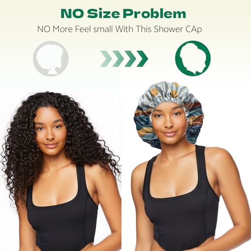2 PCS Shower Cap Waterproof Double Layer Elastic Adjustable Reusable Hair Bath Caps for Girls Women Cute Aesthetic-Blue - color: G9-Blue
