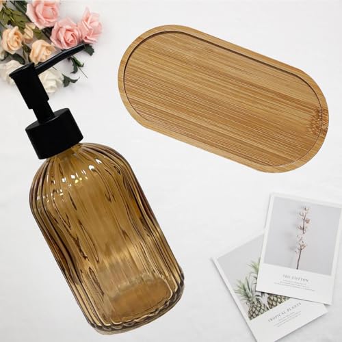 Glass Hand and Dish Soap Dispenser Set of 2 with Plastic Pumps, Bamboo Tray, 13.5oz Brown Bathroom Soap Dispenser with Vertical Stripe for Hand Wash & Dish Wash, Ideal for Bathroom Kitchen Countertop - color: Brown