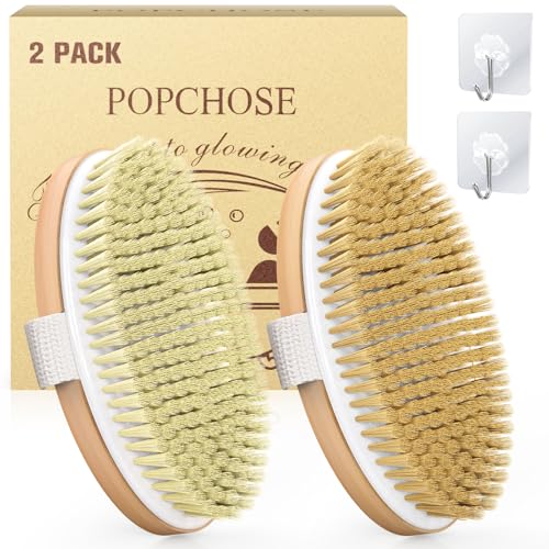 POPCHOSE Dry Brushing Body Brush, Natural Bristle Dry Skin Exfoliating Brush Body Scrub for Flawless Skin, Cellulite Treatment, Lymphatic Drainage and Blood Circulation Improvement - size: 2 Count (PP+Boar Bristles)