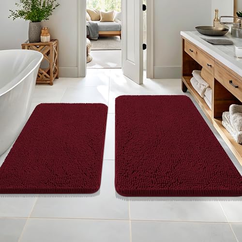OLANLY Bathroom Rugs Sets 2 Piece, Soft Absorbent Chenille Bath Mats Area Rug Set, Non-Slip, Quick Dry, Machine Washable Bath Mats for Bathroom, Home Decor Accessories (36"x24"+30"x20", Burgundy) - color: Burgundy, size: 36" X 24" + 30" X 20"