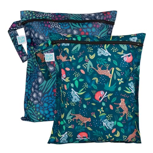 Bumkins Waterproof Wet Bag for Baby, Travel, Swim Suit, Cloth Diapers, Pump Parts, Pool, Beach, Gym Clothes, Toiletry, Hook to Stroller, Daycare, Zipper Reusable Wetdry Packing, 2-pk Jungle and Animal - color: I2 Jungle-2pk, style: Wet Bag
