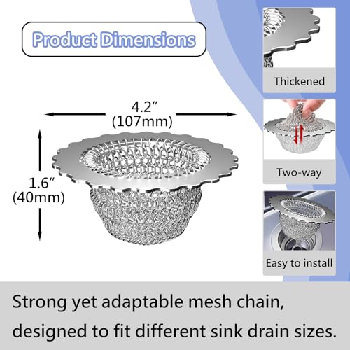 Kitchen Sink Drain Strainer, Patented 304 Stainless Steel Reversible Mesh Strainer with Flexible Chain, Handcrafted Anti-Clog Garbage Disposal Tool, Easy to Clean - 1 Pack