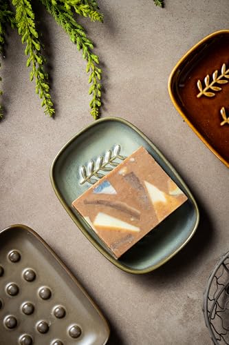 Miamolo Ceramic Soap Dish Bar Soap Holder for Shower, Soap Dishes for Bar Soap Sponge, Shower Soap Saver Tray for Bathtub Bathroom Kitchen Sink, Housewarming Gift, Pro-Environment, Dark Green - color: Dark Green, size: Leaf Design
