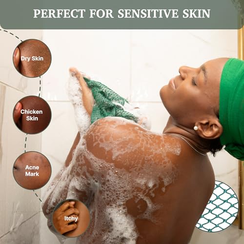 MOTHER AFRICA African Net Sponge Authentic with Knots 2 Pack Black Owned Exfoliating Body Scrubber Bath Sponge for Shower Washcloth Loofah Gentle Deep Cleansing Back Scrubber Face & Body Men & Woman - color: Dark Green & Brown