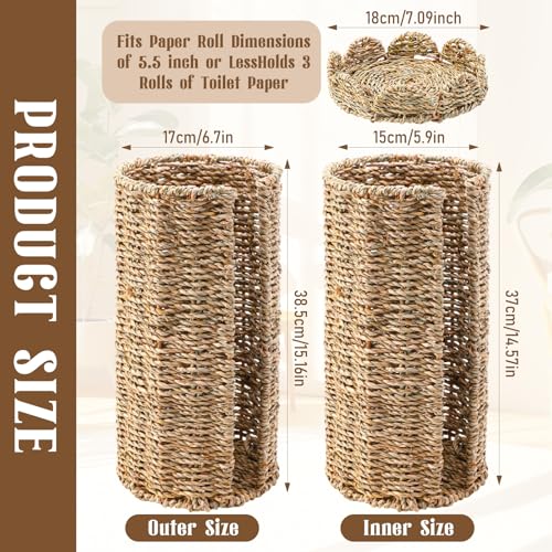 Wicker Toilet Paper Holder with Lid, Woven Paper Roll Holder Boho Rattan Toilet Papers Roll Stand for Bathroom Organizer and Storage Farmhouse Tissue Storage for 3 Mega Rolls (Seagrass)
