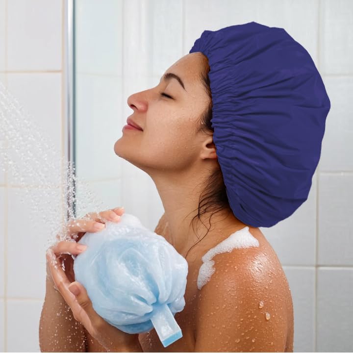 Edoneery Reusable Shower Caps for Women, Waterproof Long Hair Bonnet | Washable Design, Wide Elastic Band, Large Fit, Holds Long Hair, Braids Friendly, Bath Accessories, Spa, Travel - color: Dark Blue Purple