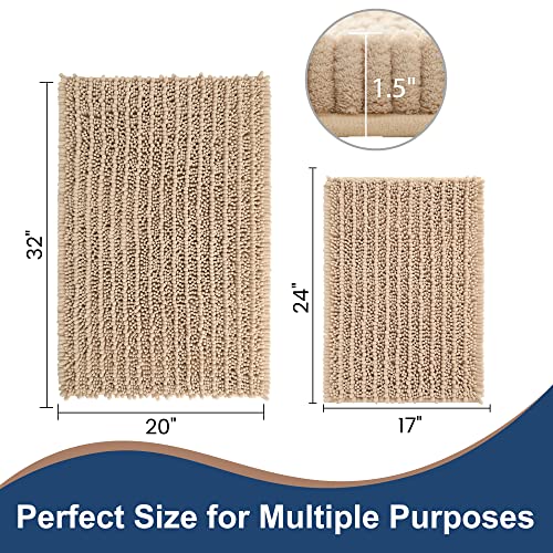 FLOLEOPA Luxury Chenille Beige Bathroom Rugs Bath Mats Sets, Extra Soft and Absorbent Bathroom Rugs Non Skid Machine Wash Dry Bath Mats（32"x20" Plus 17"x24"） - color: Beige, size: 32"x20" Plus 17"x24"