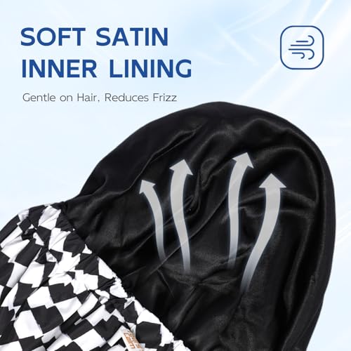 Years calm Shower Cap for Men Waterproof Reusable - Fashion Dual-Layer Design, Adjustable Elastic Band for Long & Curly Hair, XL Bath & Spa Cap for Travel, Satin Lined Shower Cap Black - color: French Black and White