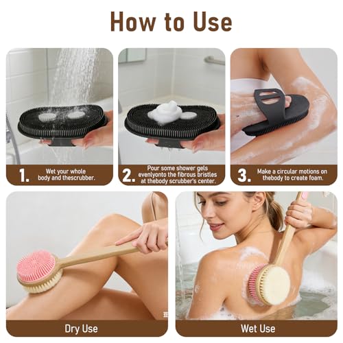 Back Scrubber for Shower + Body Scrubber 2 Pack, Dual Sided Silicone & Nylon Bristles Lather Well Exfoliating Anti-Slip Wood Long Handle Back Scrubber Body Exfoliator for Wet/Dry Bath Brush Pk+Bl - color: Pink & Black